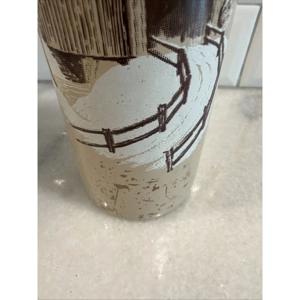 Vintage Set Of 2 Glass Pillar Candles Forest Covered Bridge Scenes